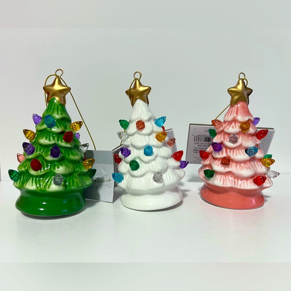 Wondershop Retro Lit Ceramic Christmas Tree Ornaments Set Pink White Green